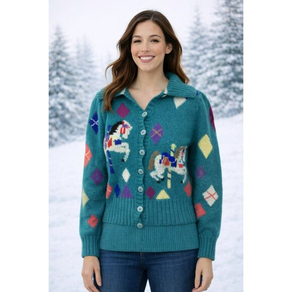 Berek Hand-Knit 100% Wool Cardigan Sweater Carousel Horse Pattern Button-UpWomen - Picture 10 of 10